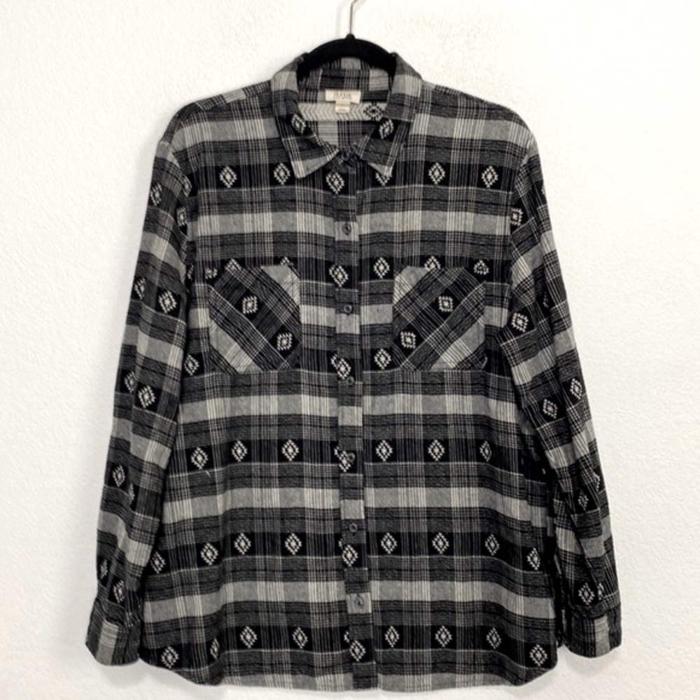A.N.A. A New Approach Black/White Button-Up Western 100% Cotton Top Size L